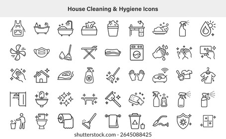 Detailed black and white line art icons illustrating various house cleaning and hygiene symbols, including cleaning tools, bathroom fixtures, laundry, and personal hygiene items.