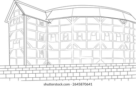 Ilustração detalhada em preto e branco do Globe Theatre de Shakespeare, em Londres, Inglaterra, retratando a famosa arquitetura de teatro isabelina, isolada em um fundo branco.