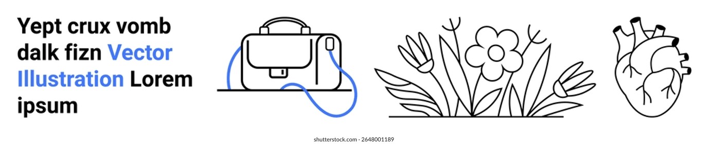 Detalhada arte de linha preta e branca, incluindo uma bolsa, arranjo floral e diagrama do coração. Ideal para materiais educacionais, recursos médicos, gráficos de sites, projetos de arte, apresentações