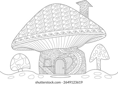 Detailed black and white line art of a whimsical mushroom house with intricate patterns, ideal for coloring books and creative projects.