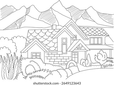 Ilustração detalhada em preto e branco de uma encantadora casa situada em uma paisagem pitoresca de montanha, perfeita para livros de colorir, conceitos arquitetônicos ou projetos serenos com temas naturais.