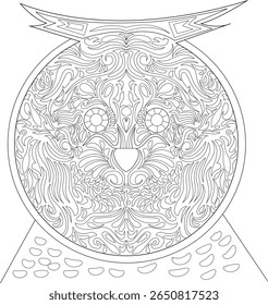 Detailed black and white line art illustration of an owl's head, adorned with complex swirling patterns and geometric elements, perfect for an adult coloring book or mindful activity.