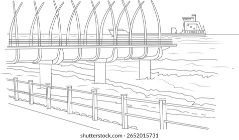 Detailed black and white line art illustration of a scenic ocean pier with unique architectural elements and a ferryboat navigating calm waters, perfect for travel, maritime, and coastal themes.