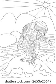 Detalhada linha preta e branca arte de um pinguim padronizado para uma experiência de coloração criativa. Zen rabiscar animal estilo.