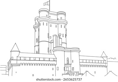 Detalhada ilustração em preto e branco da histórica Ch�teau de Vincennes, uma magnífica fortaleza medieval em Paris, França, exibindo sua imponente torre de menagem, torres e muralhas fortificadas.
