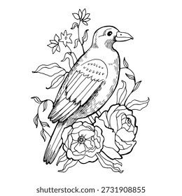 Ilustración detallada en blanco y negro de un cuervo posado entre rosas y flores silvestres en flor. Boceto de pájaro místico ideal para decoración gótica, páginas para colorear y arte temático de la naturaleza.