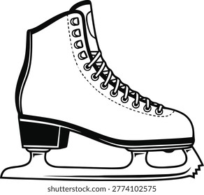 A detailed black and white line art illustration of a figure ice skate, featuring laces and a blade with toe picks, isolated on a clean white background.
