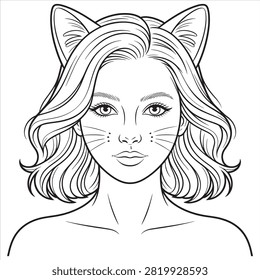 A detailed black and white line art illustration of a young woman with wavy hair wearing cat ears, suitable for a coloring book page.