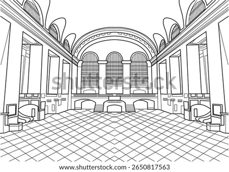 Detailed black and white line art illustration of the iconic Grand Central Terminal Main Concourse in New York City, showcasing its magnificent Beaux-Arts architecture and grand scale