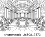 Detailed black and white line drawing of a neoclassical interior space, featuring a grand fountain, colonnade, and skylight.