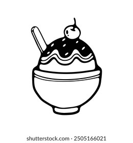 A detailed black and white line drawing of an ice cream sundae in a bowl, topped with syrup, a cherry, and a wafer stick.