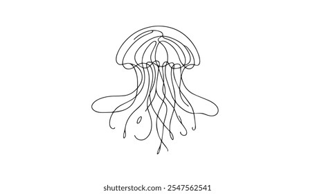 Detailed black and white line drawing of a jellyfish with a bell-shaped head and numerous tentacles.