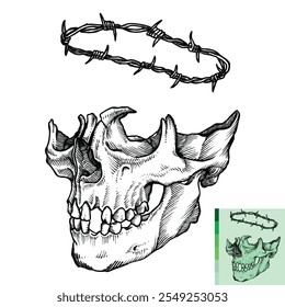 Un detallado dibujo de línea en blanco y negro de un cráneo humano con una corona de espinas. La Imagen es una poderosa representación de la mortalidad, el sufrimiento y la espiritualidad.