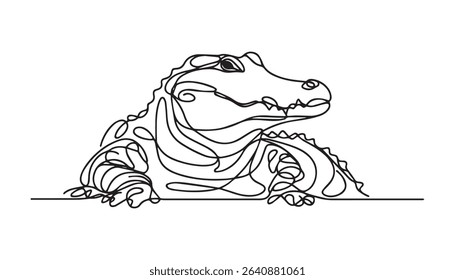 A detailed black and white line drawing of a powerful crocodile with textured skin and sharp teeth