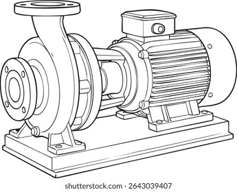 Um desenho detalhado em linha preta e branca de uma bomba centrífuga conectada a um motor elétrico, montada em uma base.