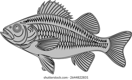 A detailed black and white line drawing of a fish with intricate scales, fins, and patterns, ideal for coloring activities.