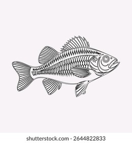 Um desenho de linha preto e branco detalhado de um peixe com escamas intrincadas, barbatanas e padrões, ideal para atividades de coloração.