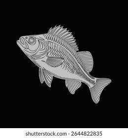 Um desenho de linha preto e branco detalhado de um peixe com escamas intrincadas, barbatanas e padrões, ideal para atividades de coloração.