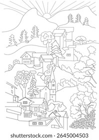 Detalhada linha preta e branca desenho ilustração de uma aldeia encantadora aninhada dentro de uma paisagem de montanha com casas, árvores, uma igreja, e um sol, perfeito para colorir ou projetos artísticos.