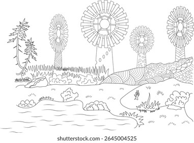 Detailed black and white line drawing of a charming countryside scene with windmills, hills, trees, and water, for coloring or illustration.