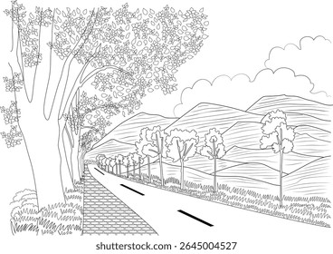Detailed Black and White Line Drawing Illustration of a Scenic Landscape with a Road, Trees, Rolling Hills, and Clouds, Perfect for Coloring Books, Education, or Design Projects
