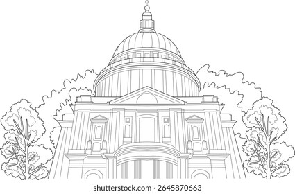 Detalhada Linha Preta e Branca Desenho da Catedral de São Paulo em Londres, Inglaterra, um Famoso Marco Histórico, Edifício Religioso e Obra-prima de Arquitetura com Árvores
