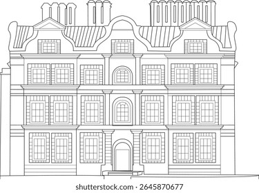 Detailed Black and White Line Drawing Illustration of Historic Kew Palace in Richmond, London, United Kingdom, a Famous Royal Residence and Landmark