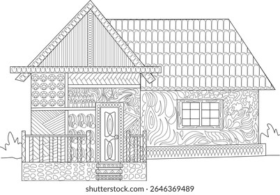 Detailed black and white line drawing of a charming fantasy house with unique textures, ideal for coloring and creative design.