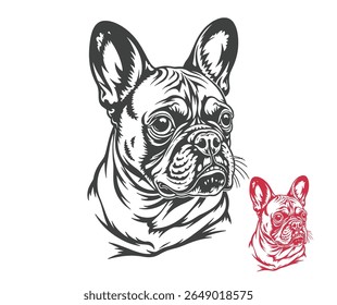 Um desenho detalhado em preto e branco da cabeça de um Bulldog Francês, com uma versão vermelha menor para o lado.