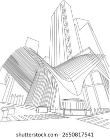 Detalhado desenho em preto e branco do contemporâneo edifício Oculus na Baixa Manhattan, um símbolo da arquitetura e design modernos de Nova York.