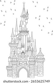 Detalhada linha preta e branca desenho de um encantador castelo de conto de fadas, com pináculos elegantes e pássaros voadores, ideal para projetos criativos.