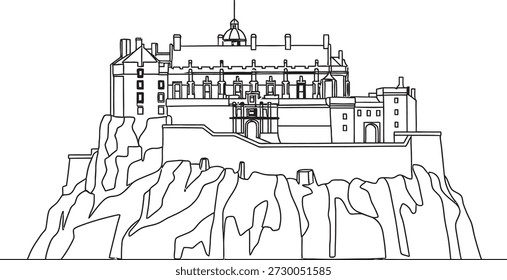 A detailed black and white line drawing of a grand castle situated atop a rugged cliff, showcasing its architectural grandeur and the dramatic contrast between the man-made structure and the natural landscape.