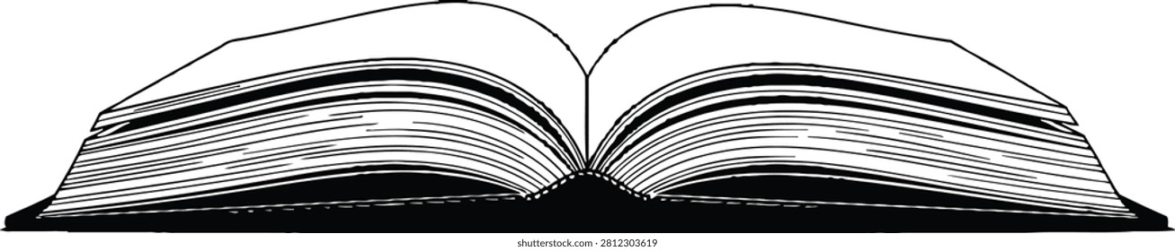 A detailed black and white line drawing of an open book, showcasing numerous pages. Ideal for educational materials, book cover designs, or literary-themed graphics.