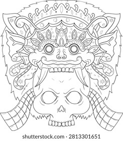Detailed black and white line drawing of a skull with a fierce, ornate mask covering its upper face, featuring sharp teeth and elaborate headdress.