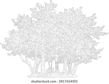 A detailed black and white line drawing of a small grove of trees with thick foliage, isolated on a white background, suitable for coloring pages.