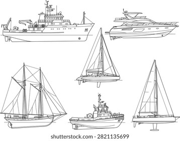 A detailed black and white line drawing set featuring various marine ships and boats in side view profile. This versatile collection includes a research vessel, luxury yacht, sailboat, catamaran, schooner, and tugboat, perfect for marine engineering designs, coloring books, and nautical illustrations.