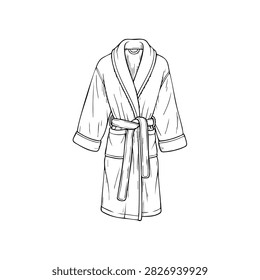 A detailed black and white line drawing of a comfortable bathrobe, featuring a belted waist, wide collar, and two front pockets, perfect for relaxation.