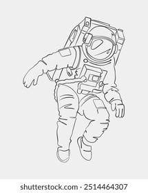 Ilustración detallada de línea en blanco y negro de un astronauta flotando en el espacio, ideal para materiales educativos, diseños o proyectos relacionados con la ciencia.