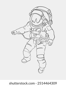 Ilustración detallada de línea en blanco y negro de un astronauta flotando en el espacio, ideal para materiales educativos, diseños o proyectos relacionados con la ciencia.