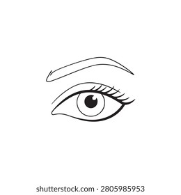 Detailed black and white line of a single open female eye with long eyelashes and a defined eyebrow on a plain white background