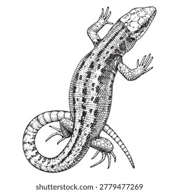 Detailed Black and White Lizard Vector Illustration Isolated on White Background