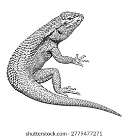 Detailed Black and White Lizard Vector Illustration Isolated on White Background