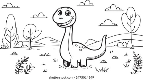 Detailed black and white Mamenchisaurus coloring book illustration, perfect for kids and dinosaur enthusiasts. Ideal for creative and educational activities