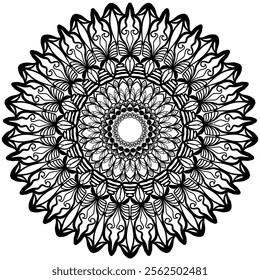 “A detailed black and white mandala artwork featuring a mesmerizing combination of floral patterns and intricate geometric shapes. This symmetrical design is ideal for creative projects,.