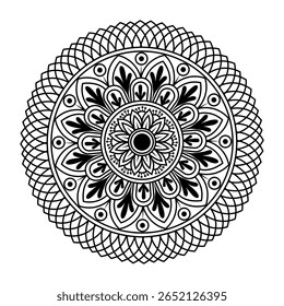 A detailed black and white mandala artwork featuring symmetrical floral and geometric patterns. Perfect for coloring books, meditation themes, spiritual art, or decorative design elements.
