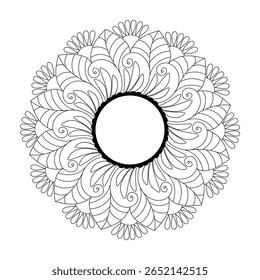 A detailed black and white mandala artwork featuring symmetrical floral and geometric patterns. Perfect for coloring books, meditation themes, spiritual art, or decorative design elements.