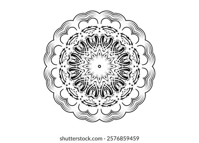 Detailed black and white mandala with a central circle and radiating intricate designs	
