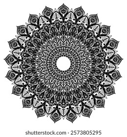 Detailed black and white mandala design with an intricate floral and geometric pattern. Perfect for meditation visuals, decorative art, coloring pages, tattoos, or digital and print design projects.