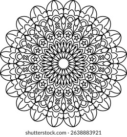 Detailed black and white mandala design featuring a star-shaped pattern within its concentric layers, ideal for coloring, meditation, or various decorative applications