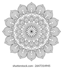 A detailed black and white mandala features a circular pattern with intricate floral and geometric shapes. The design is symmetrical and highly ornate with layered lines and curves.